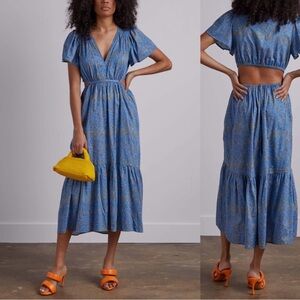 NWT XIRENA Gabrielle Blue Floral Cutout Midi Dress Pockets Ruffle Size Large